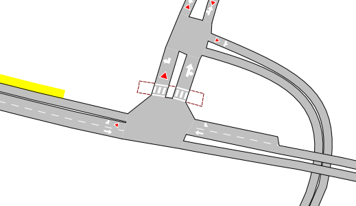 Figur 54: A3 - Øverst: Skisse vendesløyfe, Nederst: Koding i Aimsun Utformingen av det aktuelle krysset vil være nokså lik dagens situasjon.
