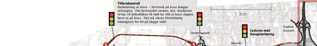 «Dagens» Bussprioritering langs dagens veg direkte terminaltilkomst ved Storavatnet «Dagens» er illustrert i figur 2.4, og er identisk med «Høyrestilt» for strekningen Straume Valen.