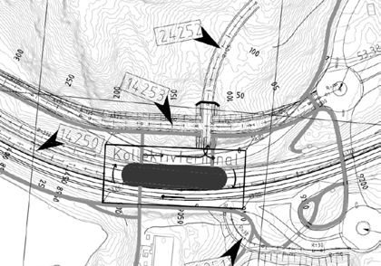 B1 er basert på at terminal legges inn i terrenget nord for hovedvegen/lokalvegen, og at busstunnel kan knyttes direkte til terminal med påhugg parallelt med vegen til Olsvikskjenet.