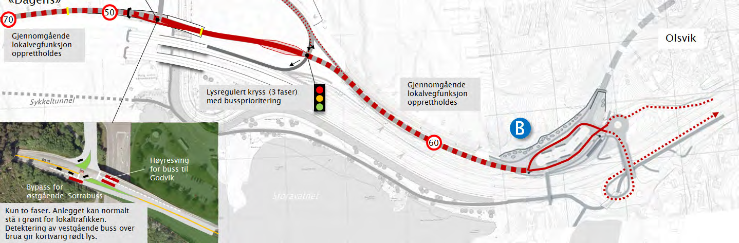 2 Illustrasjon. Prinsipp for Terminal B. Løsningen er basert på «Dagens» vest for Storavatnet.