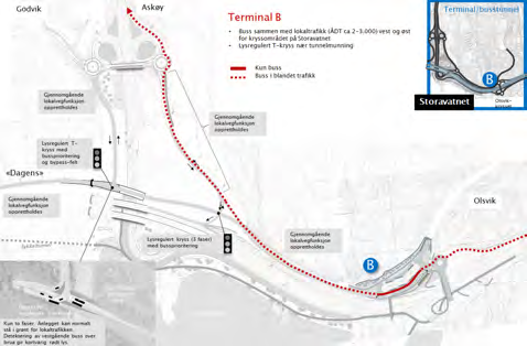 2) vil busser fra Sotra mot sentrum komme ut av Harafjellstunnelen, kjøre over bussbru, og følge lokalveg til terminal. Stopp vil være på nordsiden av terminal.