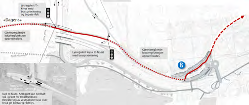 7.3 Bussbevegelser og byttepunktfunksjon med busstunnel Klare forbedringer også for Terminal B med busstunnel Terminal B med busstunnel gir klare forbedringer ved at rundkjøringer i Olsvik krysset i