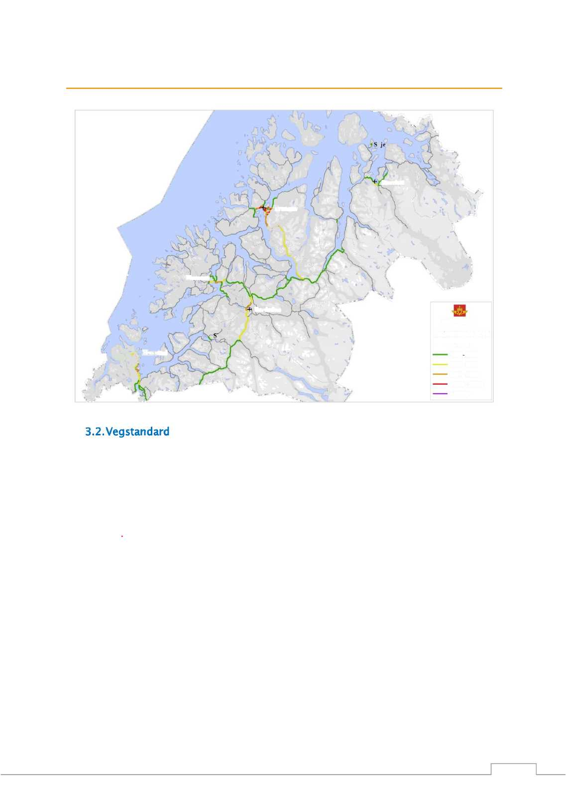 Fylkeskart med ÅDT 201 3 Europa, Riks - og fylkesveger i Troms 3.2. Vegstandard På lik linje med resten av landet har fylkesveger i Troms forfalt gradvis over tid.
