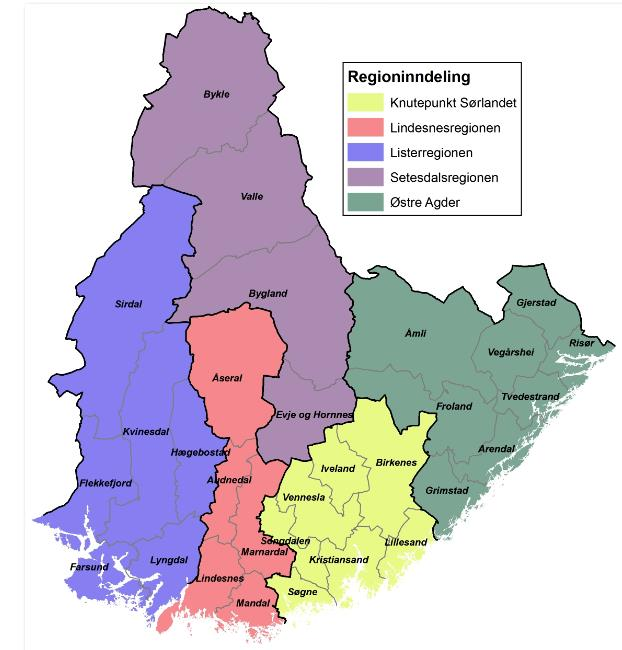 Figur 1. Regioninndeling Agder-fylkene Regionene i Agder-fylkene er eksisterende samarbeids regioner, og det var naturlig å ta utgangspunkt i disse.