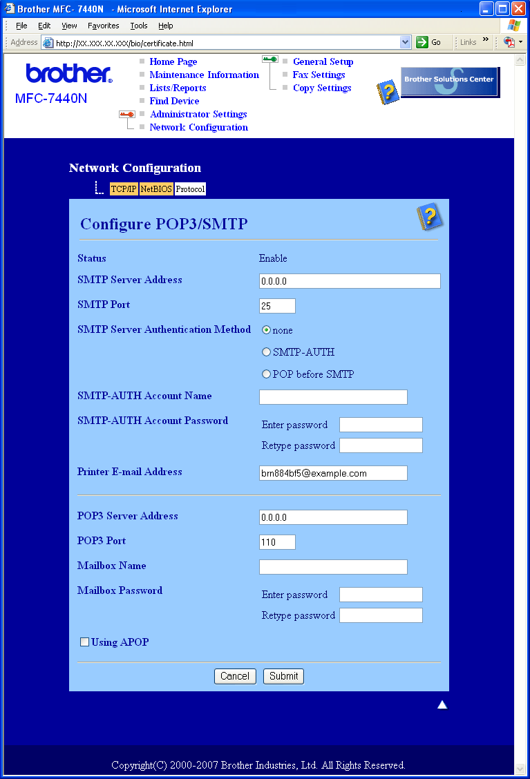 Sikkerhetsfunksjoner g Du kan konfigurere POP3/SMTP-innstillingene på denne siden. Du kan også endre SMTP-portnummeren ved hjelp av Internett-basert styring.