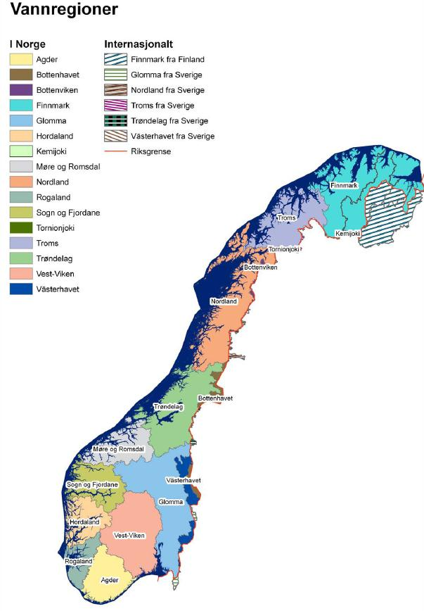Organisering Norge er delt opp i: Vannregioner Vannområder