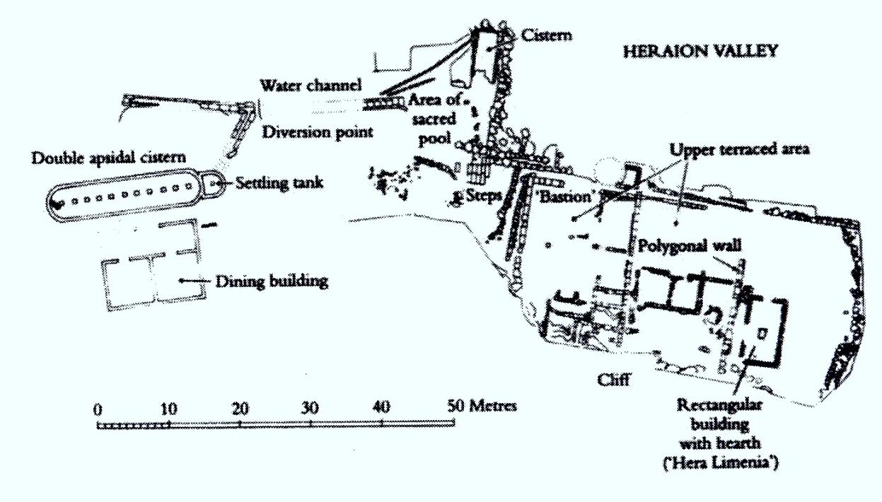 Perakhora som viser det kunstige bassenget (Area of sacred pool) og