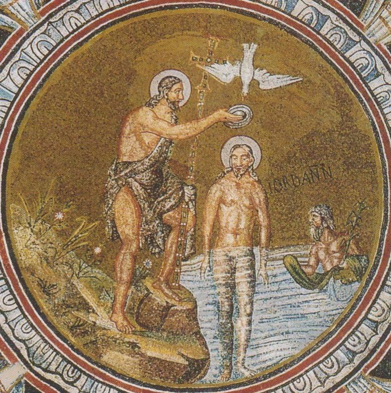 Figur 39:Jesus døpes av Johannes i elven Jordan. Fra dåpskapellet i Ravenna, ca 458 e. Kr.