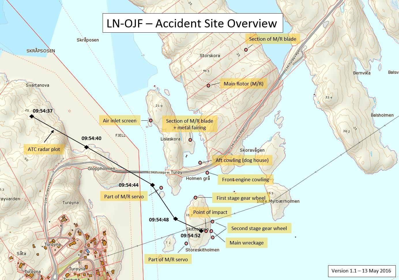 Statens havarikommisjon for transport Side 3 Figur 1: Ulykkesstedet. (Tiden på lufttrafikktjenestens radarplott er UTC). Kart: Kartverket. Illustrasjon: SHT Innledende undersøkelser 5.