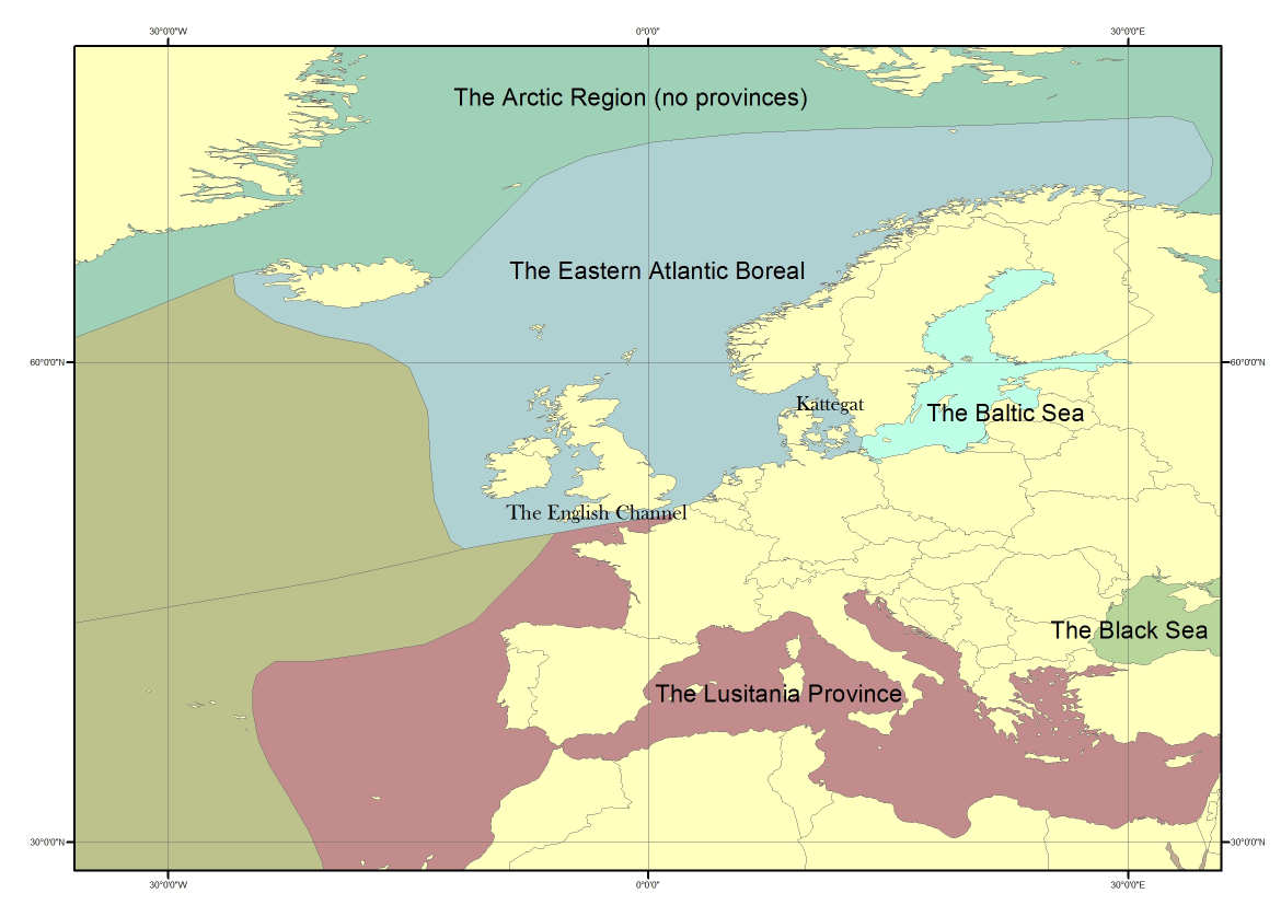 Figur 5-2 Briggs og Ekmans inndeling av nordvest Europa i bioprovinser (ref. /7/ /8/ /9/) I følge Brattstrøm (ref.