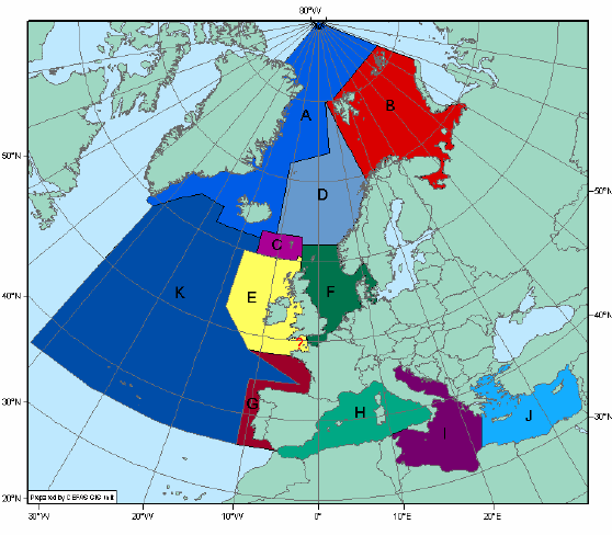 (A) Grønland og Islandske fravann, (B) Barentshavet, (C) Færøyene, (D) Norskehavet, (E) Irskesjøen, (F) Nordsjøen,