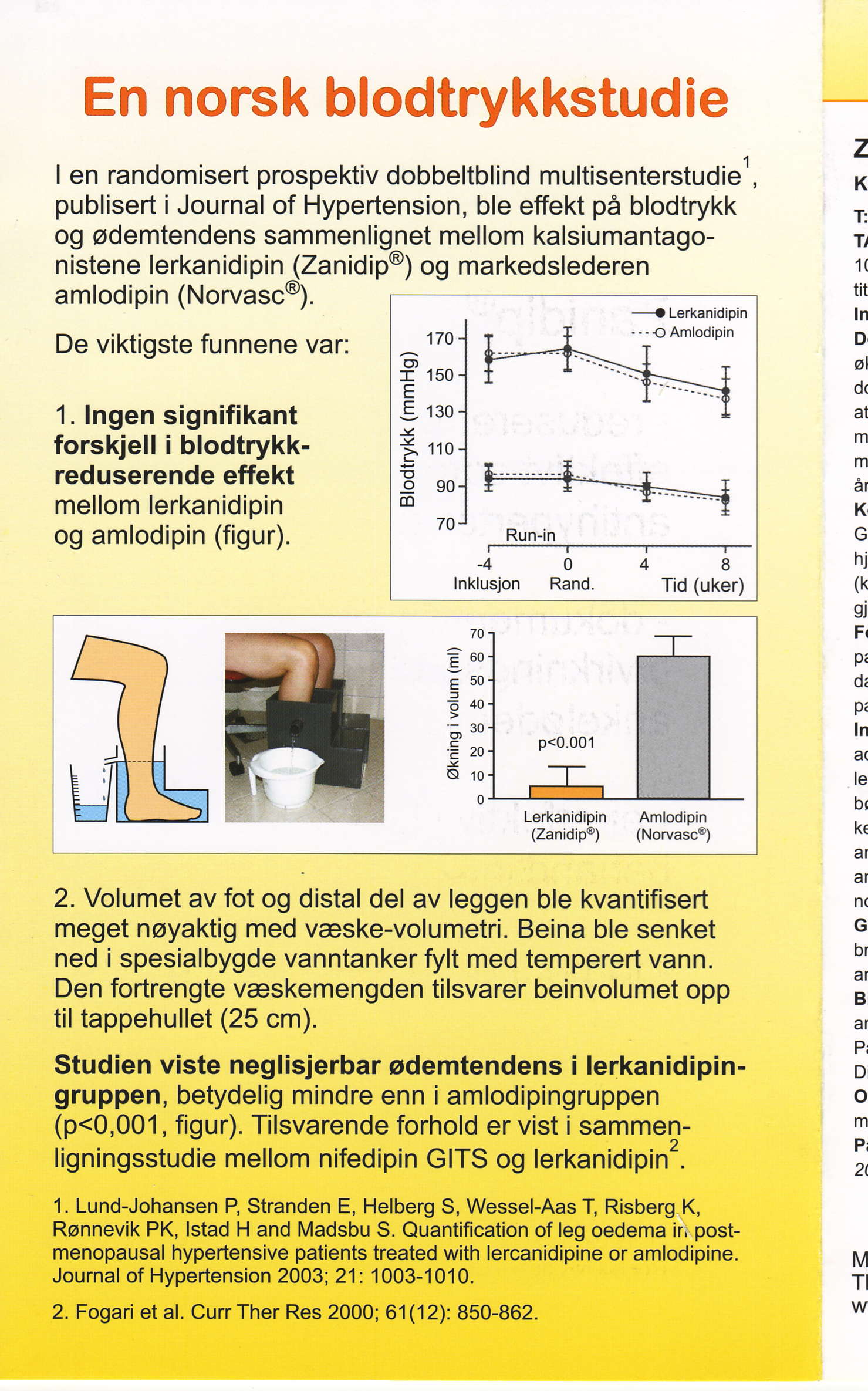 En norsk blodtrykkstudie I en randomisert prospektiv dobbeltblind multisenterstudiel, publisert i Journal of Hypertension, ble effekt pi blodtrykk og odemtendensammenlignet mellom kalsiumantago-