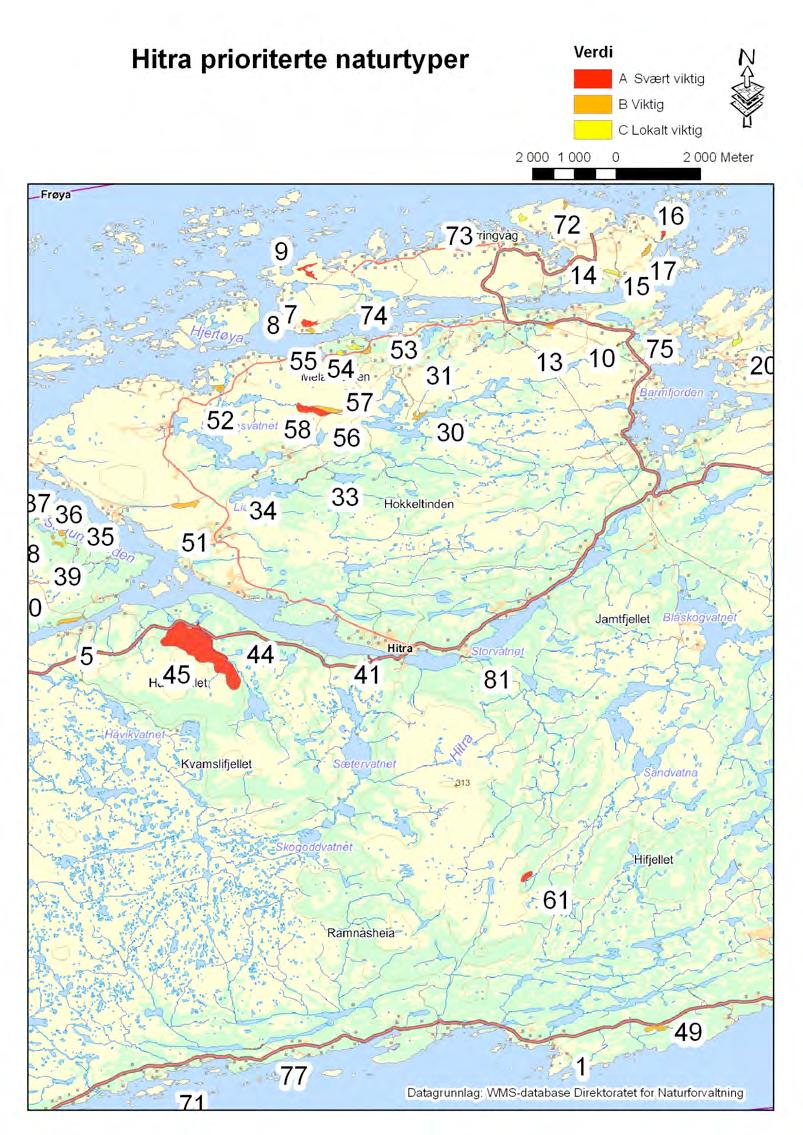 Figur 0.2. Oversikt over registrerte prioriterte naturtyper i midre deler av i Hitra kommune.
