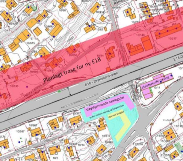 Planforslaget foreslår at den delen av eiendommen som ligger mot E18 opparbeides med et støyskjermende næringsbygg som videre kan gi rom for et boligbygg som vender mot sørvest.