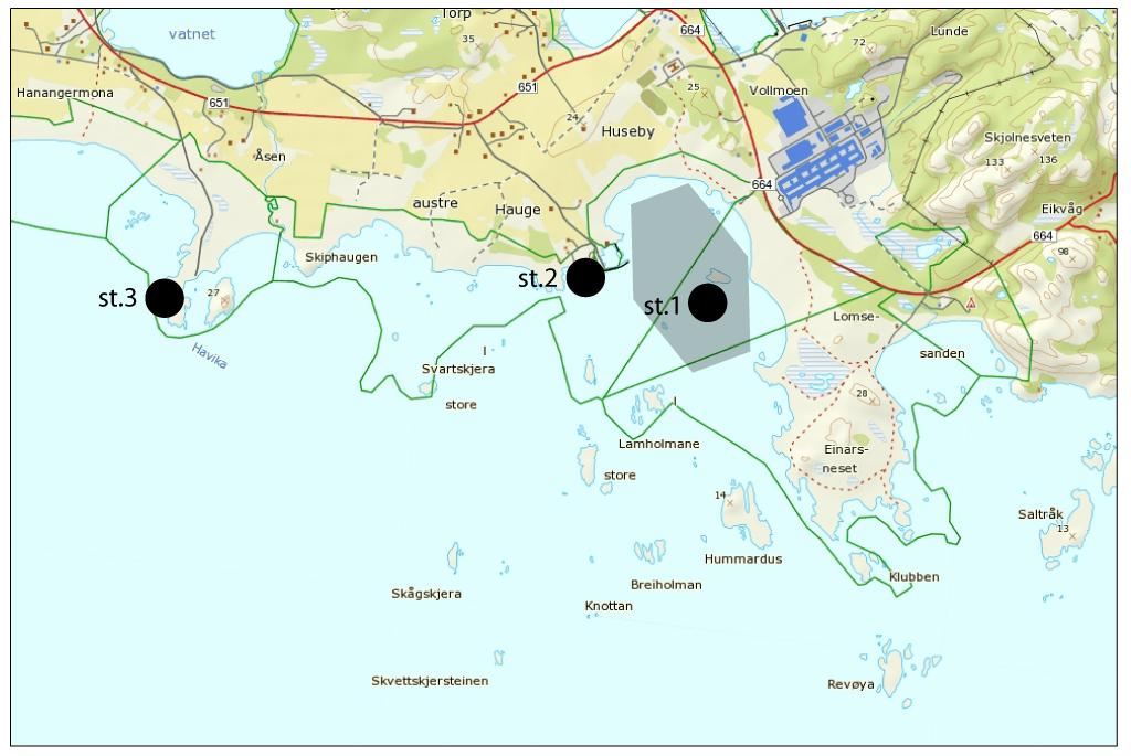 NA 5907-2010 Figur 26. Kart som viser stasjonsplassering for innsamling av strandsnegl (svarte sirkler) og krabbe (skravert område) utenfor Alcoa Lista.