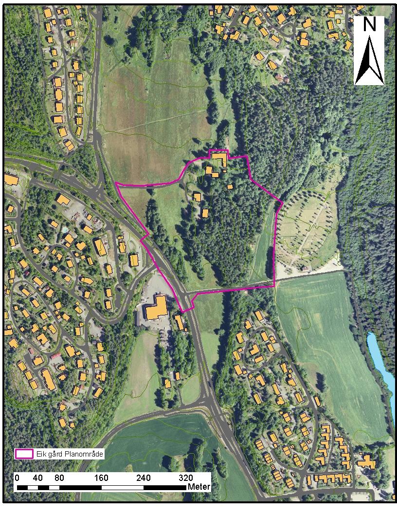 Oversikt over planområdet TERRENGET Området består i dag av henholdsvis dyrket mark og skog. Vegetasjonen innen planområdet består av tett lauvskog.