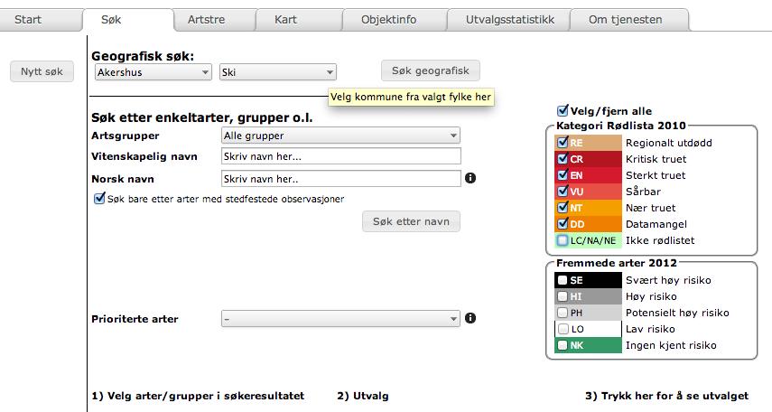 Artskart Anbefalt søk