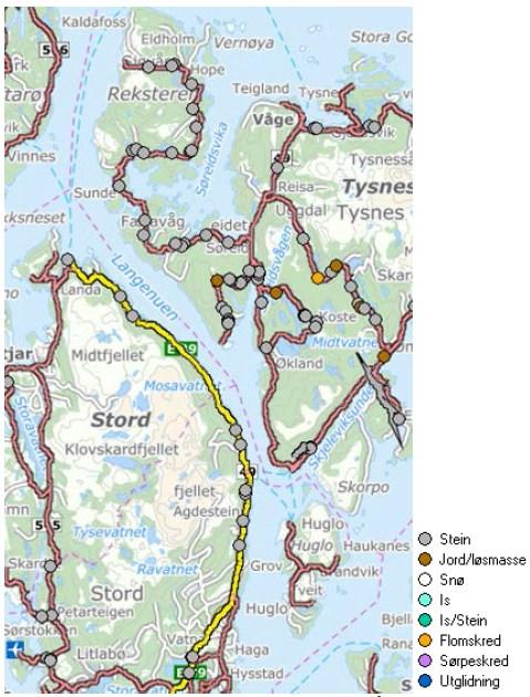 Registrerte stein, jord/løsmasse- og flomskred i området Statens vegvesen har registrert steinskred på eksisterende E39 og på fv.