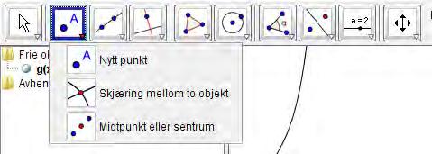 2 Funksjoner i GeoGebra Figur 4: Skjæring mellom to objekt. For å få rullet ned de andre verktøyene må du klikke på den lille trekanten nede i høyre hjørne.