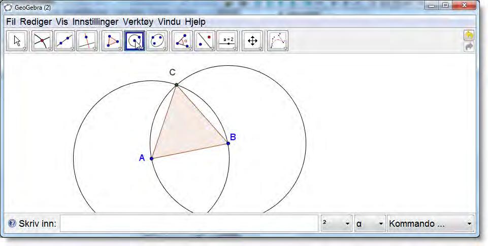 8 Geometri Figur 42: Konstruksjon av en likesidet trekant. Oppgave 37 Åpne en ny GeoGebra-fil og slå av aksene og algebrafeltet (under «Vis» i menyene). Konstruer en likesidet trekant.
