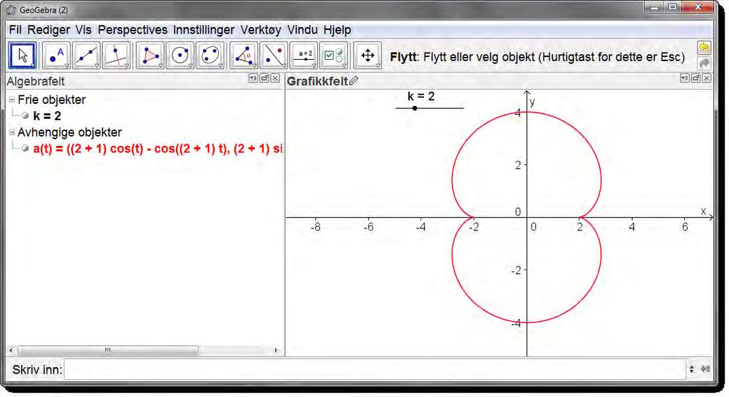 10 Parameterframstillinger Figur 59: To kusper... c) Varier nå k. Hvor mange kusper får vi når k = 1? Hva med k = 2? Hva om k = 6? Oppgave 50 Tegn følgende to kurver i samme koordinatsystem.