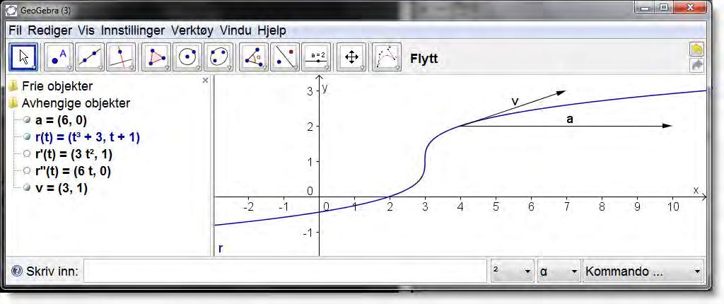 10.1 Andre kurver Løsning: a) Vi plotter grafen ved å bruke kommandoen r=kurve[t^3+3, t+1, t, -2, 2] Vi får da kurven som vist på figur 60. Figur 60: Grafen til r(t).