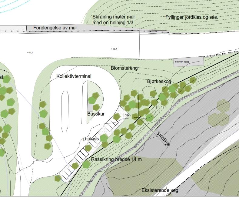 33 Det er vurdert ulike plasseringar av kollektivanlegget. I næringsområdet nord for vegen, mot Lovravatnet og mellom eksisterande rv. 13 og den nye vegen.