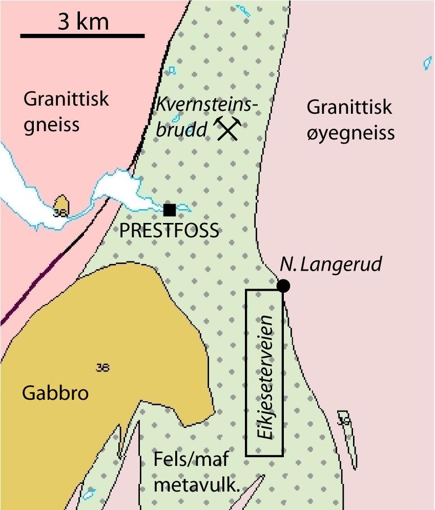 Bergartene rundt Prestfoss er dominert av magmatiske bergarter og består av granittiske gneisser, gabbro og båndede kvarts-feltspatiske og biotittamfibolskifre/gneisser (Figur 4).