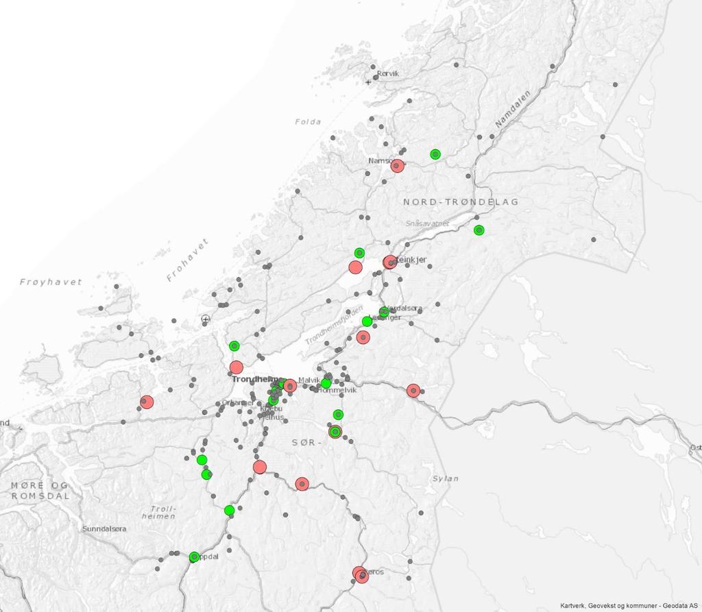 Treindustri Treindustri i Trøndelag 0-15 ansatte 15-38 ansatte 39-426 ansatte Antall ansatte i noen treindustri bedrifter i