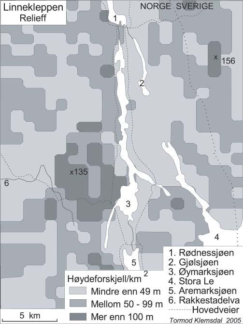 NATUR I ØSTFOLD 25(1-2) 2006 Fig. 14. Relieffet innen kartbladet Øymark. områder har høydeforskjeller mellom 50 og 99 m.