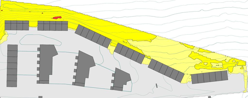 4.3 Støynivå på utendørs oppholdsareal Det er utført beregninger av utendørs støynivå på uteareal uten skjermingstiltak, se Figur 9. Rød og gul farge viser overskridelse av gjeldende grenseverdi.