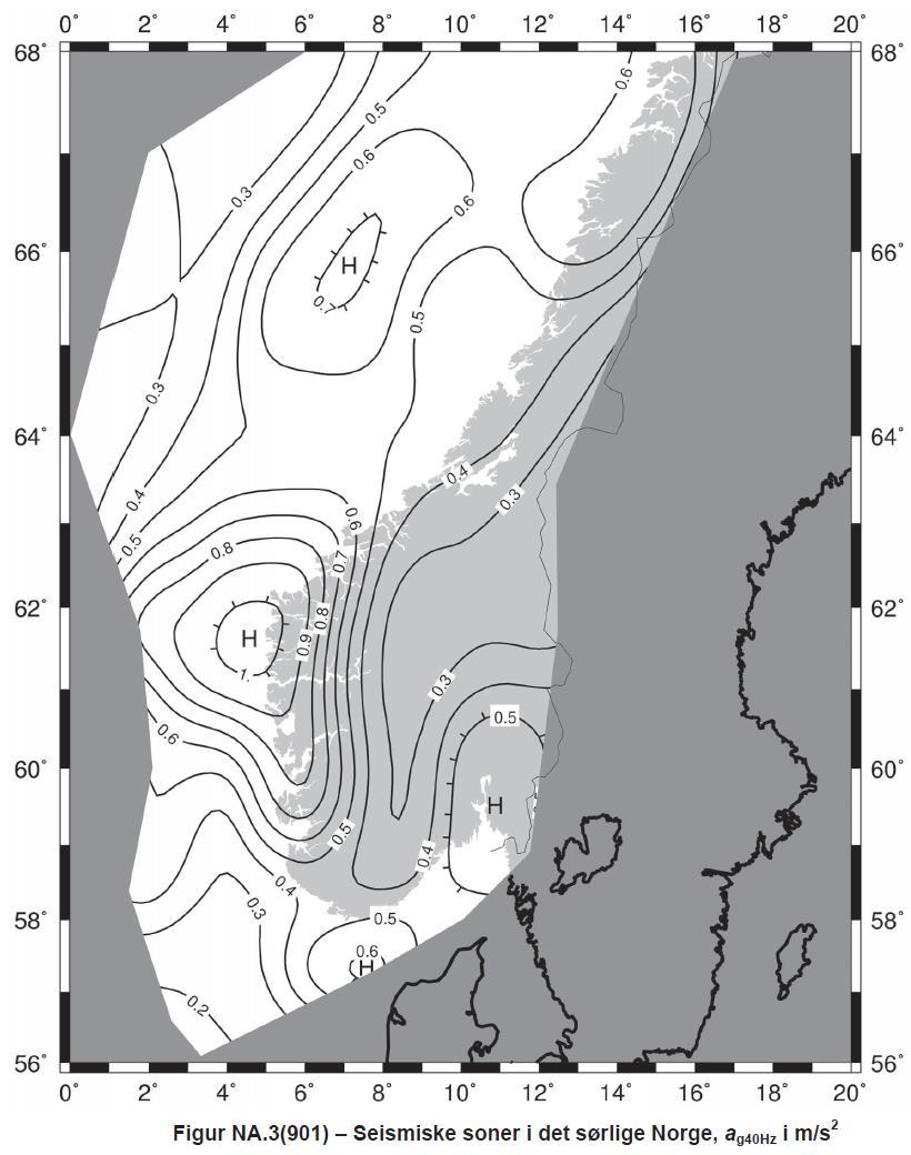 Masteroppgave 14 Figur..1: Figur NA.3(91) Seismiske soner i det sørlige Norge, i (CEN, 14). I Bergen er, som betegner berggrunnens akselerasjon ved frekvensen.