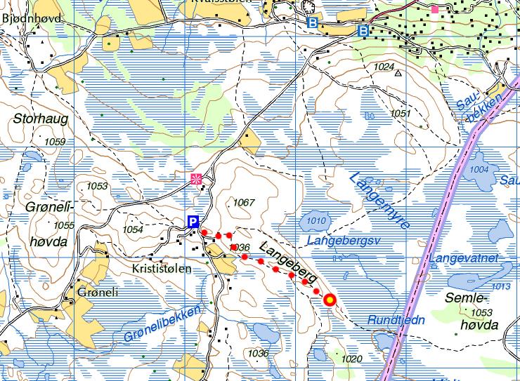 Langeberg (1040 moh) Turmål Mange ulike startpunkt er mulig. Turmålskilt frå Krististølen.