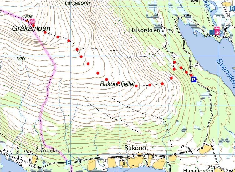 Turmål Gråkampen Kjør til Buaråne, forbi fyrste avkjøring til Halvorstølen og parker ved neste avkjøring til Halvorstølen. Her vil Turmålskiltet stå.