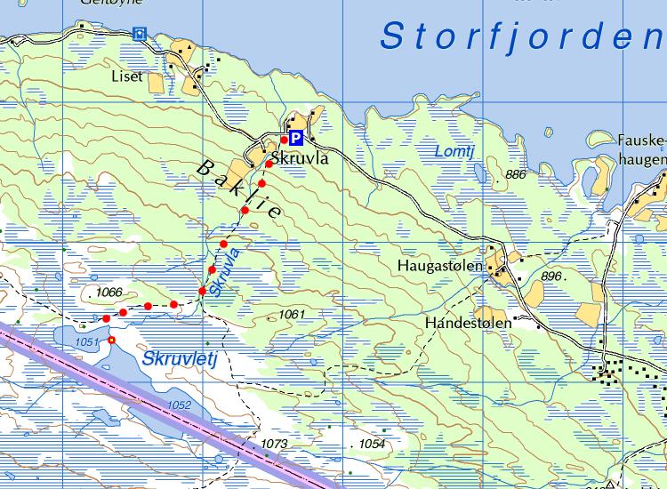 Skruvletjednet Turmål Kjør til Nøsen og vidare sørover og over demninga synst på Storfjorden. Ta så til høgre der vegen delar seg og kjør vidare inn til Skruvla. Her står det eit Turmålskilt.