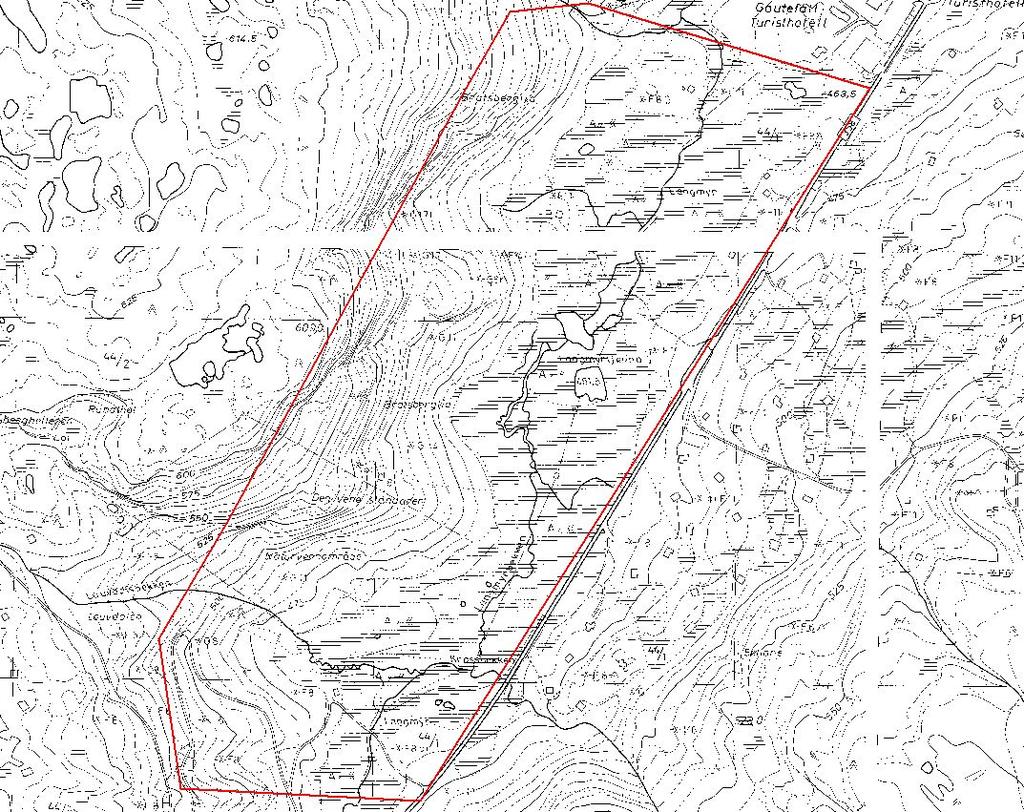 Planområdet avgrenses mot nordøst av Gautefall Turisthotell, i sydvest av hyttevei, mot sydøst av rv 358 og mot nordvest av Hellheia. Bilde 2: Omtrentlig planavgrensning, målestokk 1:5000.