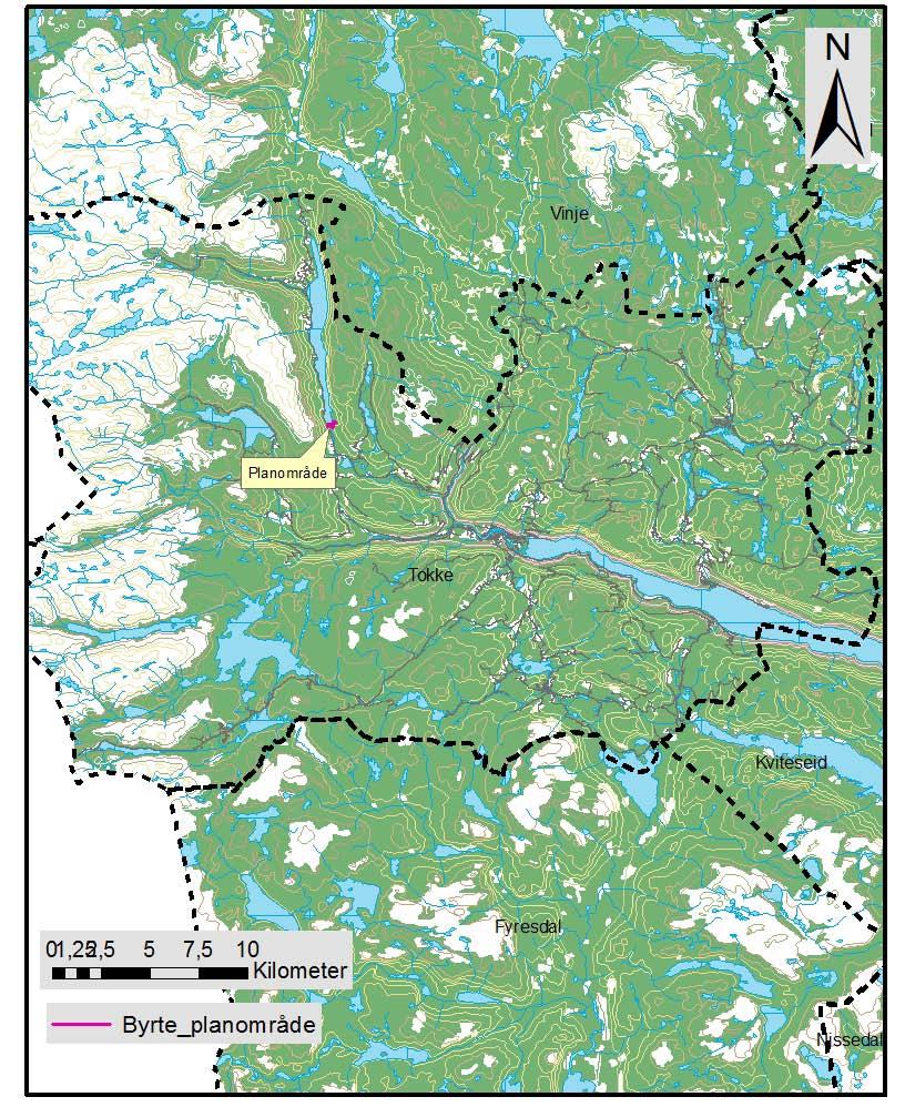 Området Dam Byrte ligger ved Byrtevatn ved Mo i Tokke kommune i Vest-Telemark.