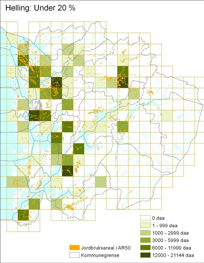 Figur 16 Geografisk fordeling av helling på dyrka mark.
