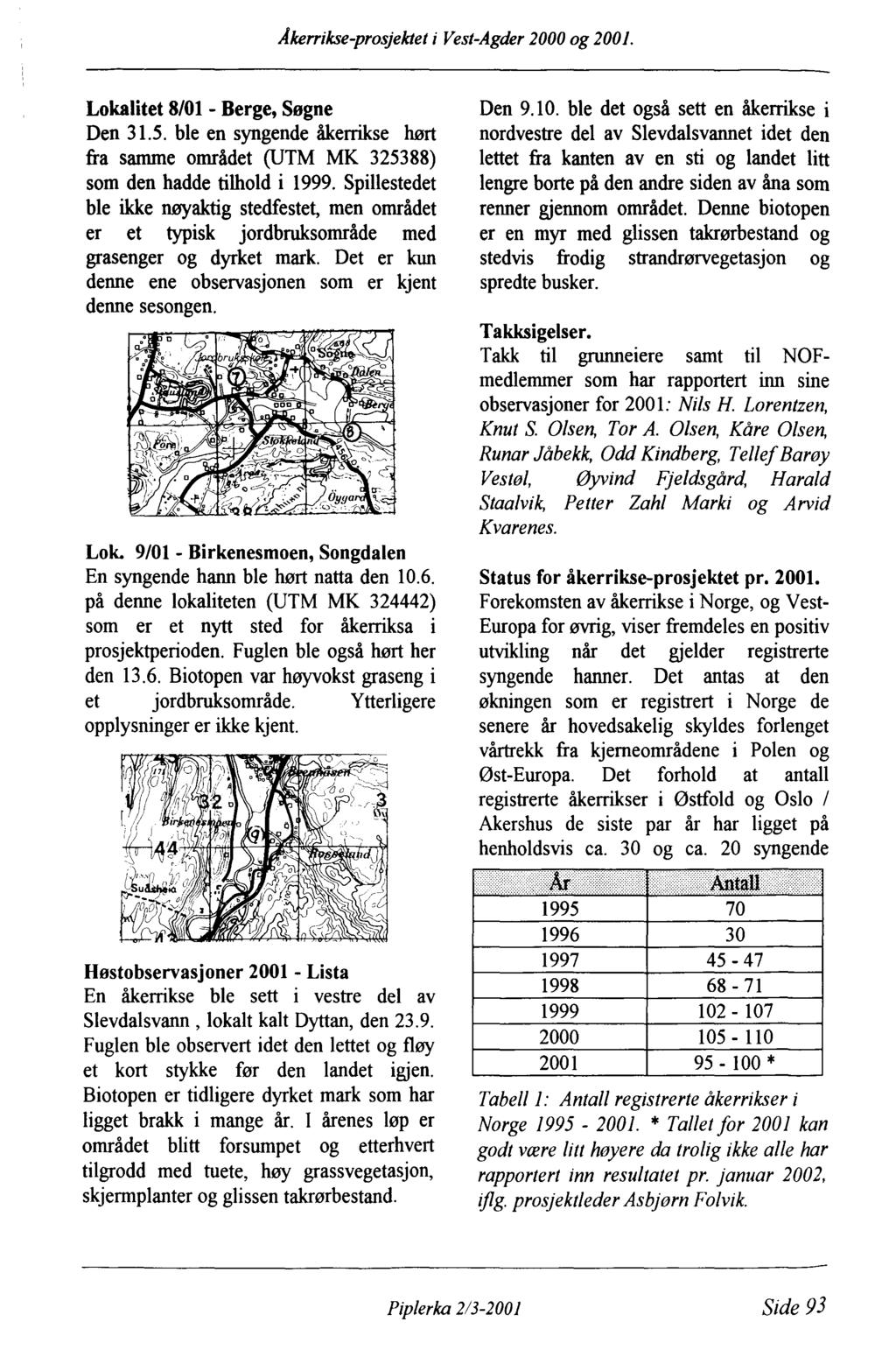 Åke"ikse-prosjektet i Vest-Agder 2000 og 2001. Lokalitet 8/01 - Berge, Søgne Den 31.5. ble en syngende åkerrikse hørt fra samme området (UTM MK 325388) som den hadde tilhold i 1999.