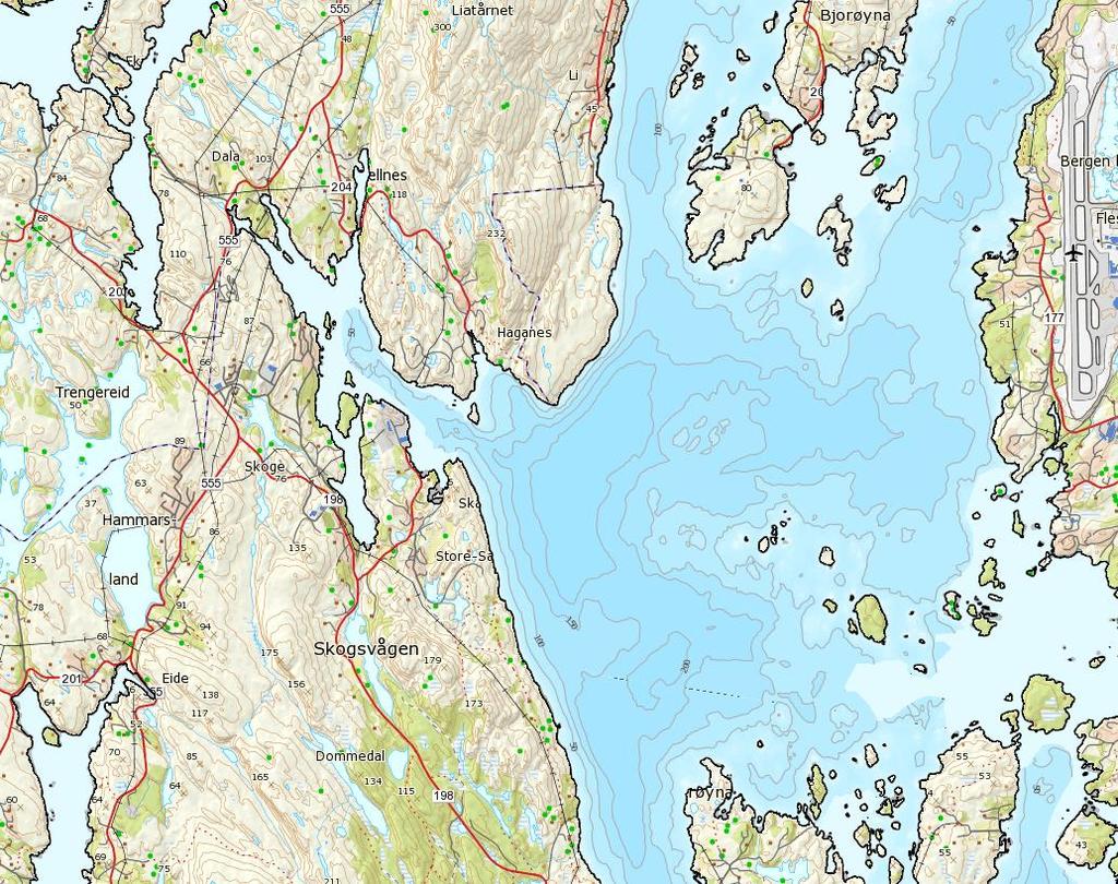 OMRÅDESKILDRING Skogsvågen ligg på austsida av Sotra, med ein terskel på om lag 50 m djupne ut mot Raunefjorden (figur 1 & figur 2).