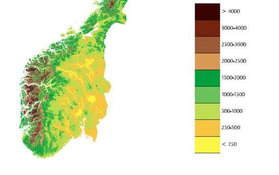 Figur 4. NVEs figur for avrenning i Norge. Avrenningen er her oppgitt i mm/år. Avrenning på 500-2000 mm/år (grønn farge) tilsvarer 16-64 L/s km 2.