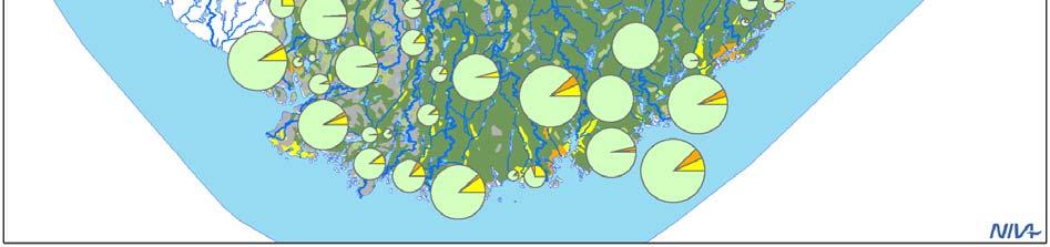 Akvakultur bidrar mest helt i vest, mens befolkning bidrar mest i kystområdet til Nidelva og Otra (Figur 17).