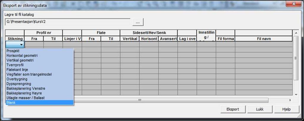 Stikningsdata: Eksport av stikningsdata fra Vegmodell Økt bruk av LandXML og støtte for eksterne formater Eksport