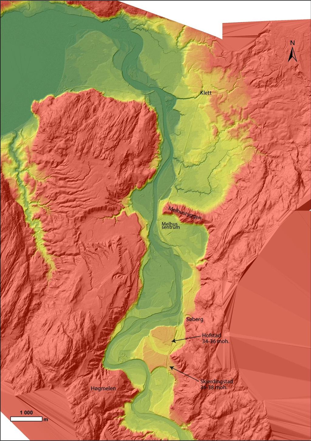 Figur 11. Digital terrengmodell over nordlig del av Gauldalen, røde områder ligger høyt terrenget (over 50 moh.