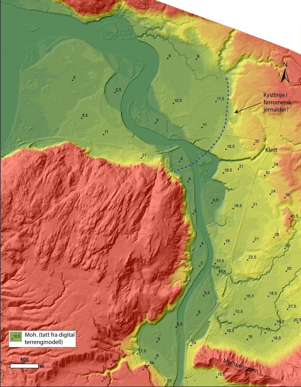 Figur 12. Mulig plassering av kystlinje i førromersk jernalder (500 f.kr.- år 0). Digital terrengmodell over nordlig del av Gauldalen, røde områder ligger høyt terrenget, gul og grønn er i dalbunnen.