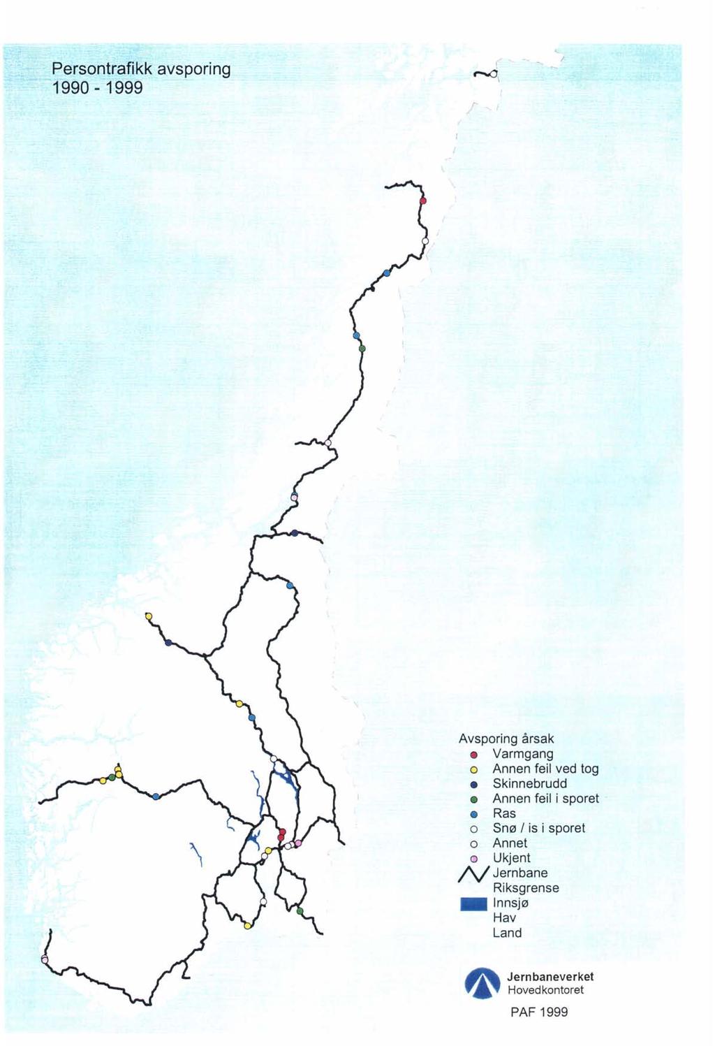 Persontrafikk avsporing 1990-1999 ' / Avsporing årsak Varmgang o Annen feil ved tog Skinnebrudd Annen feil i sporet