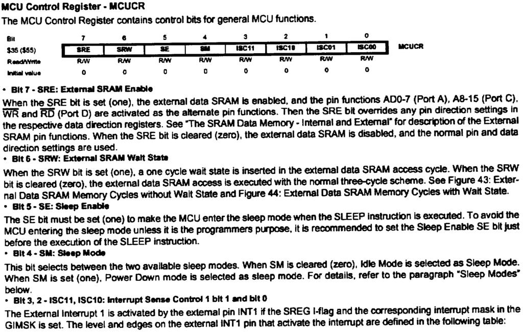 VEDLEGG 1, registeret MCUCR MCU Control Register - MCUCR The MCU Control Register contains control bits for general MCU functions. 811 7 es. 3 2 1 o S3S ($55) I IRE I SMV I SE I~ I.:~t I I~:' I ~.
