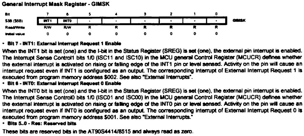 VEDLEGG 2, registeret GIMSK Generallntemlpt Mask Register - GIMSK Bil 76 5. 3 2 1 O s.w($58~ I IfTI I INTO I. I. I. I. I. I. I ~ R- RM R/W R R R R R R O O O O O O O O. Bit 7.