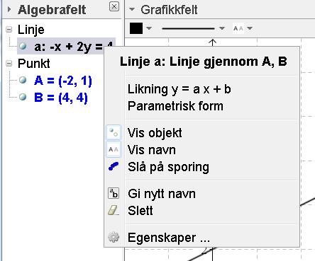 Endre farge på grafene til f og g slik at de får hver sin farge. Hvilket punkt har de to grafene felles? Finn koordinatene til skjæringspunktet.