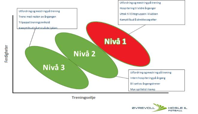 Nivå 1 spilleren Internt på årgangen Nivå 1 spiller trenger: Godt treningsopplegg med balanse mellom mestring og utfordring Bli sett av årgangstrener Får konkrete tilbakemeldinger om hva han/hun skal